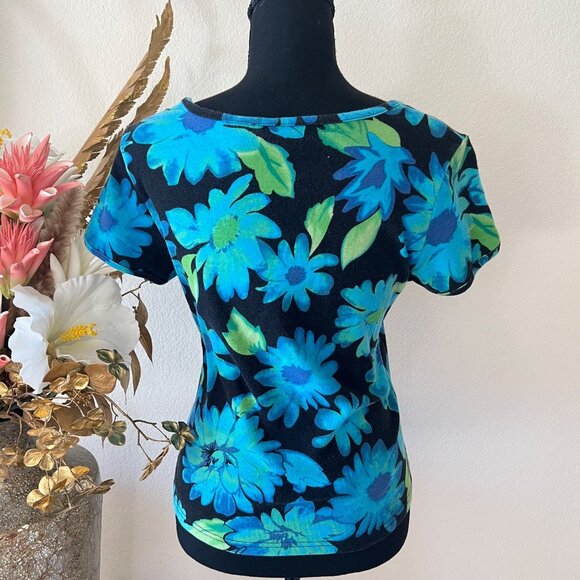 Deadstock Vivid Blue Sequin Floral Babytee Top Y2K 100% Cotton - Picture 4 of 8